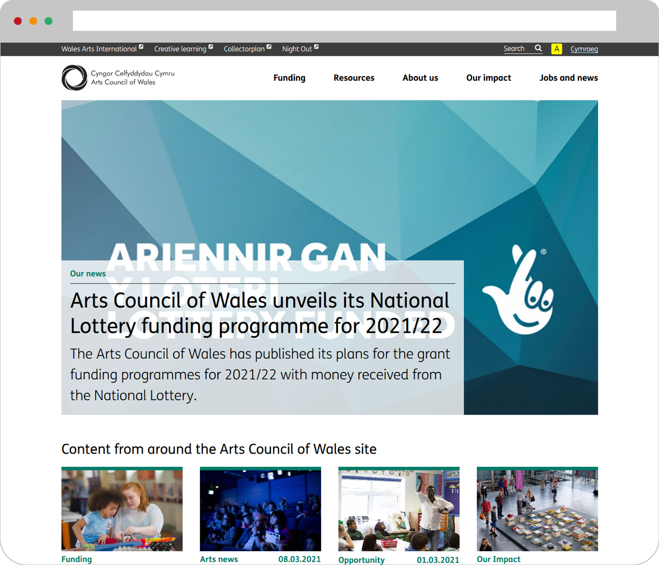 screenshot of Arts Council Wales website
